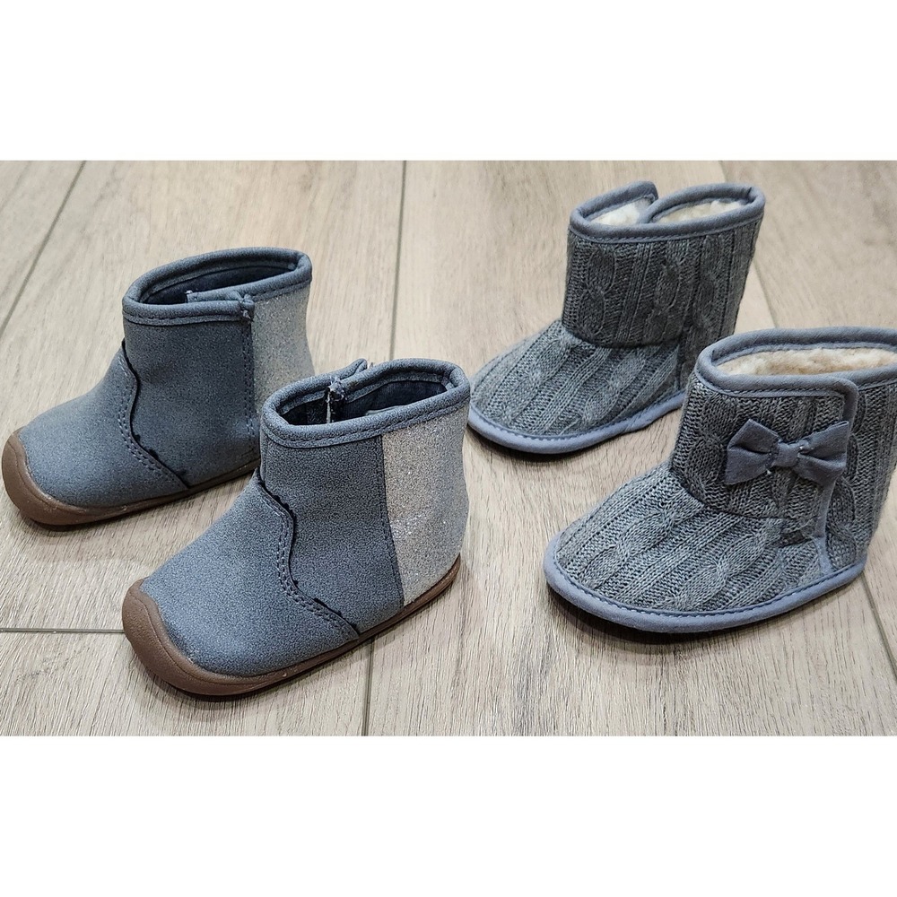Baby Girls Gray Boots (2 pair) Sparkle Knit Crib‎ Shoes Size 2